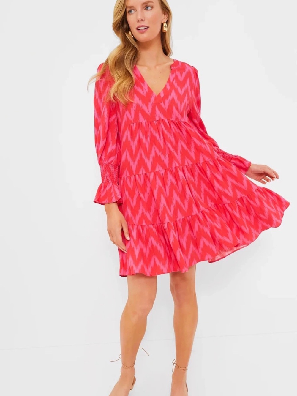 Pomander Place Hot Pink Zigzag V-Neck Tiered Mini Dress PW2